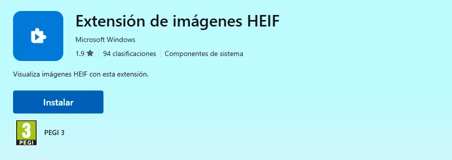 Extensión de imágenes HEIF de Microsoft Windows en Microsoft Store, gratis, necesaria para abrir HEIC en Photoshop