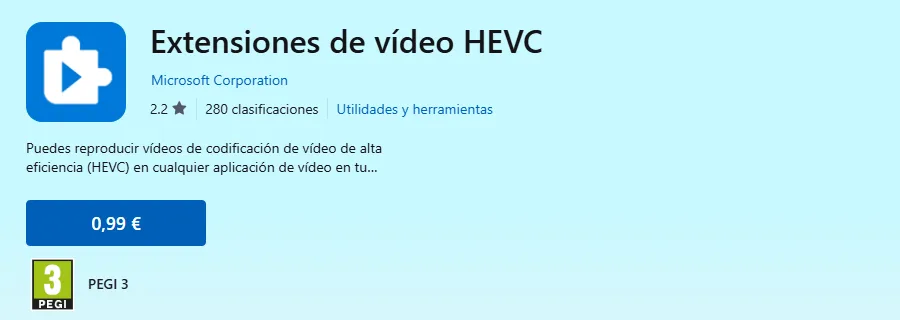 Extensiones de vídeo HEVC de Microsoft Corporation en Microsoft Store por 0,99 euros, necesarias para abrir HEIC en Photoshop